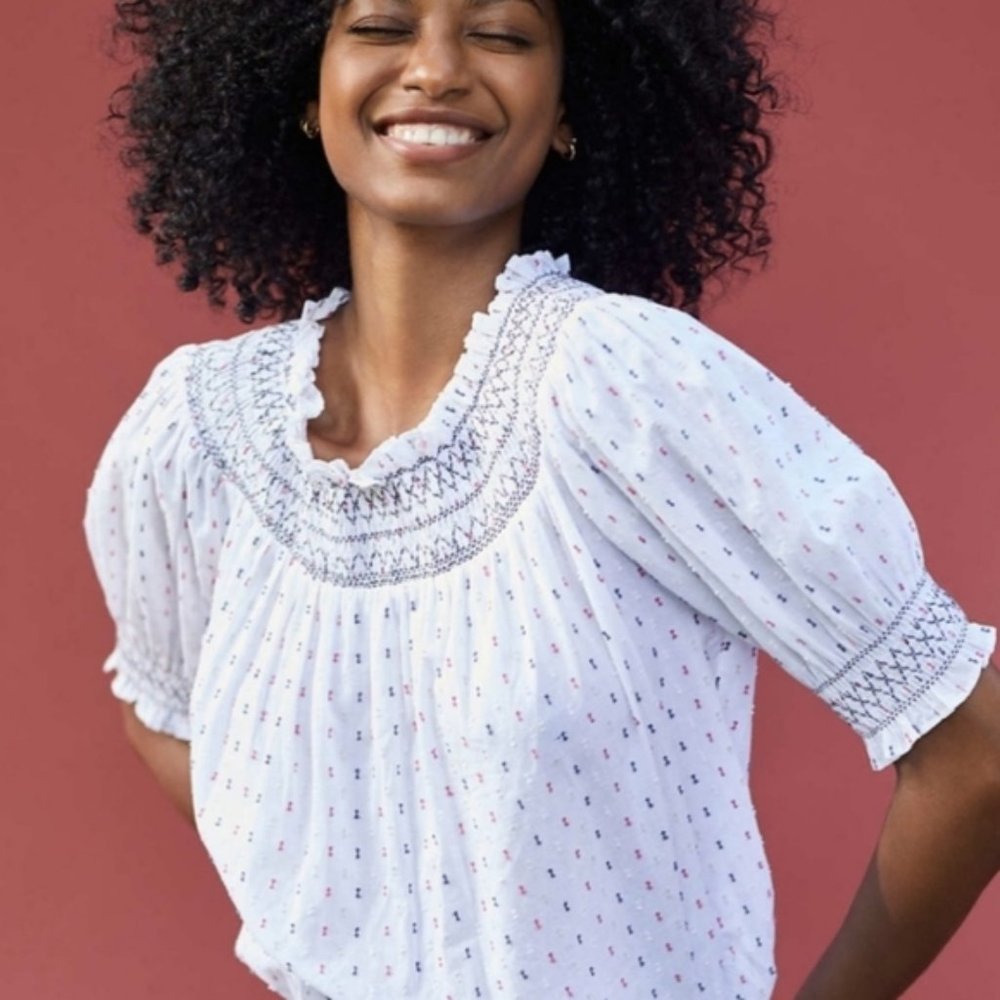 LOFT Clip Smocked Puff Sleeve Top XS